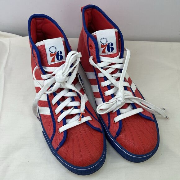 NEW Adidas NZA‎ Shell NBA Philadelphia 76ers Red Blue High top Sneakers Mens 11 - Picture 1 of 10